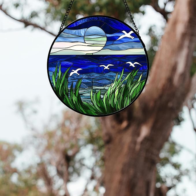 AMDERVEN Stained Glass Window Hanging 4 Pcs Set Navy Blue Ocean Landscape Large