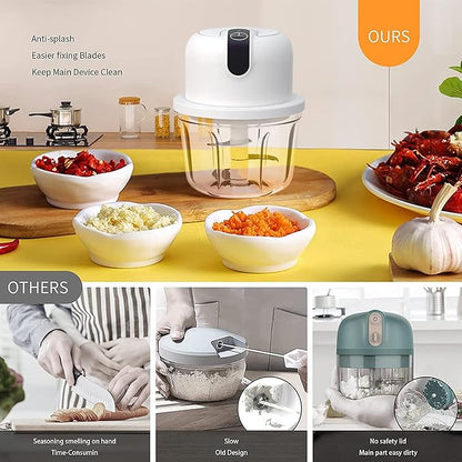 350ML Electric Garlic Chopper, Portable Veggie Chopper,Garlic Grinder Masher Onion Chopper, Blender to Vegetable, Cordless Food Processor for Ginger, Chili, Fruit, Meat, Spices, Beans, etc