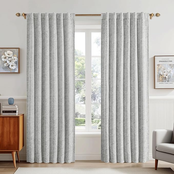 Beauoop Grey Floral Jacquard Blackout Curtains 63 Inches Long 2 Panels