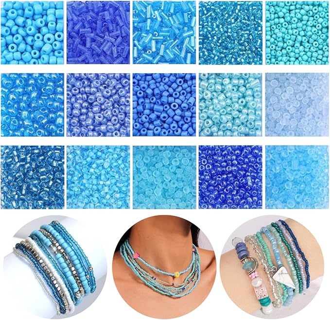 15 Color 4mm Small Assorted Glass Seed Beads,3mm Bugle Beads Friendship Bracelet Kit,2mm Tiny Tube Bead for Jewelry Making(Blue)