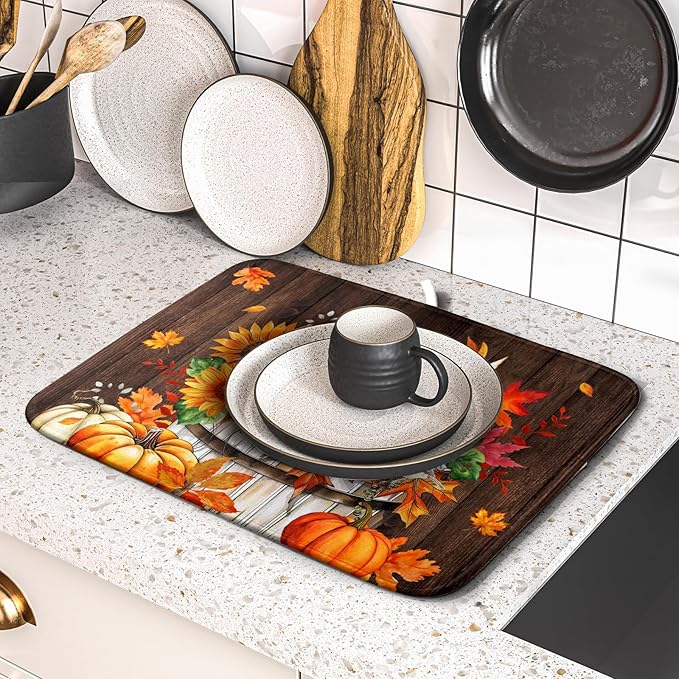 Fall Pumpkin Dish Drying Mat for Kitchen Counter Decor 16x18 Inch Halloween