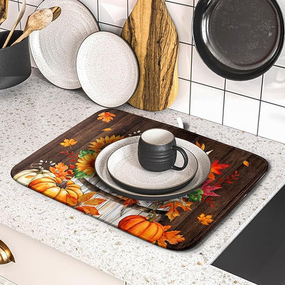 Fall Pumpkin Dish Drying Mat for Kitchen Counter Decor 16x18 Inch Halloween