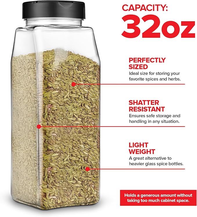6 Pack 32 oz Plastic Spice Jars, Empty Seasoning Containers
