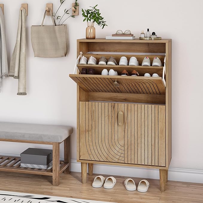 Smuxee Shoe Cabinet with 2 Flip Drawers, 23.6" Oak Hidden Shoe Storage Cabinet
