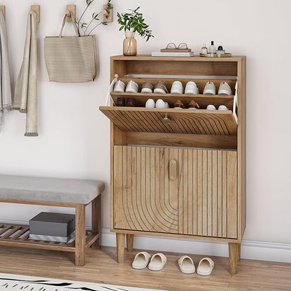 Smuxee Shoe Cabinet with 2 Flip Drawers, 23.6" Oak Hidden Shoe Storage Cabinet