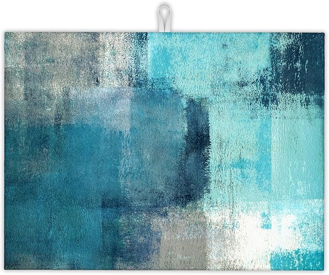 Teal Grey Abstract Art Dish Drying Mat, Drying Rack Pad Countertop Dishes Ultra