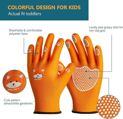 COOLJOB Medium Toddler Gardening Gloves for Little Boys Girls Ages 4-6, Breathable Kids Work Gloves with Grippy Animal Paw Dots for Children Yard Landscape, Orange Dog, 1 Pair