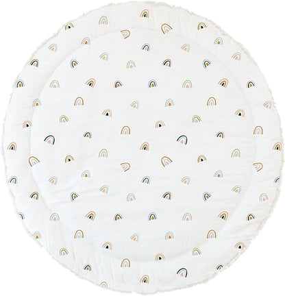 MakeMake Organics Organic Play Mat GOTS Certified Organic Cotton Nursery Floor Rug Washable Reversible Non Toxic Activity Mat Tummy Time Crawling Pad Thick Quilted (Round 48", Rainbow, White)
