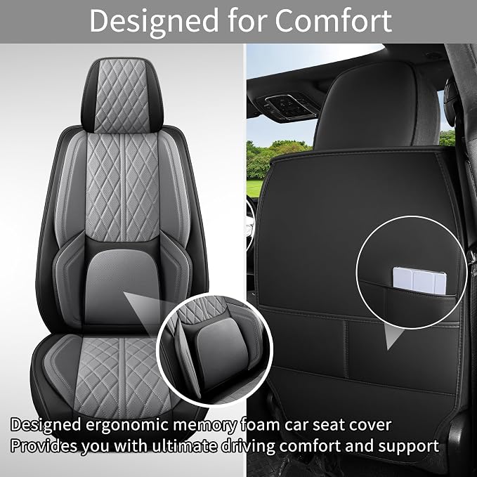 Custom Fit Chevy Silverado GMC Sierra 1500 2007-2026 2500/3500 HD Crew Cab Full Set Car Seat Covers - 5 Pack, Premium Faux Leather Truck Seat Protector with Airbag Compatible Design, BlackGrey