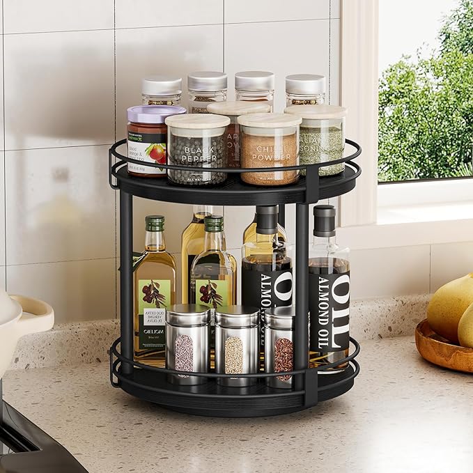 Snughome Lazy Susan Spice Rack, 2 Tier Rotating Spice Rack, Wood Lazy Susan