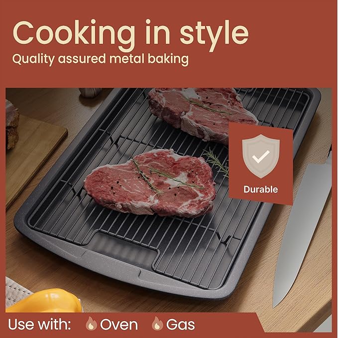 Cookie Sheet with Wire Rack Set, 2-Piece Nonstick Gray Marble Carbon Steel Pan