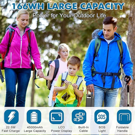 Portable Power Station 166Wh, 22.5W Fast Charging Power Bank with Built-in Cables for iPhone/Android/MacBook, 45000mAh Battery Solar Generator with LED Light for Camping & RV, Home, Travel