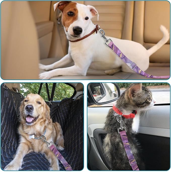 Adjustable pet cat and Dog car seat Belt. The Lanyard is Flexible and Adjustable from 20 to 33 inches (Pink Marble + Purple Marble)
