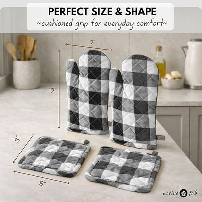 Native Fab Buffalo Plaid Check Oven Mitts and Pot Holders Set of 4, 100% Cotton