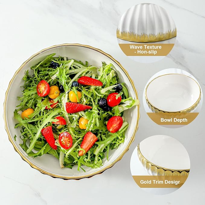 LETAOTAO Serving Bowls, 10 inch Extra Large Salad Bowl Set of 2, Ceramic Bowl with Gold Trim, Kitchen Decorative Bowls Porcelain Mixing Bowls for Salad, Soup, Pasta and Dinner