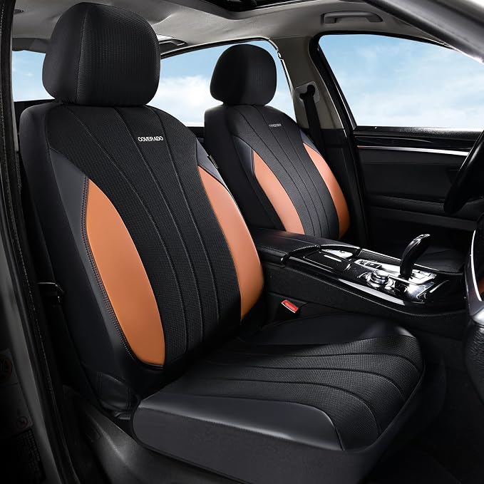 Coverado Seat Covers for Car, Leather Automotive Car Seat Covers 5 Seats, Mesh Breathable Auto Seat Protectors, Brown Seat Covers Universal Fit for SUV, Truck, Vans, Sedan