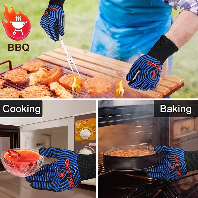 QUWIN BBQ Gloves, Oven Gloves 1472℉ Extreme Heat Resistant, Grilling Gloves