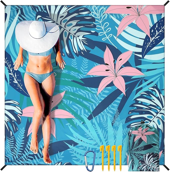 Beach Blanket Waterproof Sandproof Beach Mat 79" X 83"/10'x9'for 2-8 Adults Quick Drying Outdoor Picnic Mat Beach Accessories for Travel, Camping, Hiking