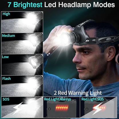 Rechargeable LED Headlamp 1080 Lumen, Super Bright Head Lamp Flashlight with 5 Lighting Modes, IPX6 Waterproof, Zoomable Headlight for Camping, Hiking, Fishing, Biking (2packï¼?(2pack headlamp)
