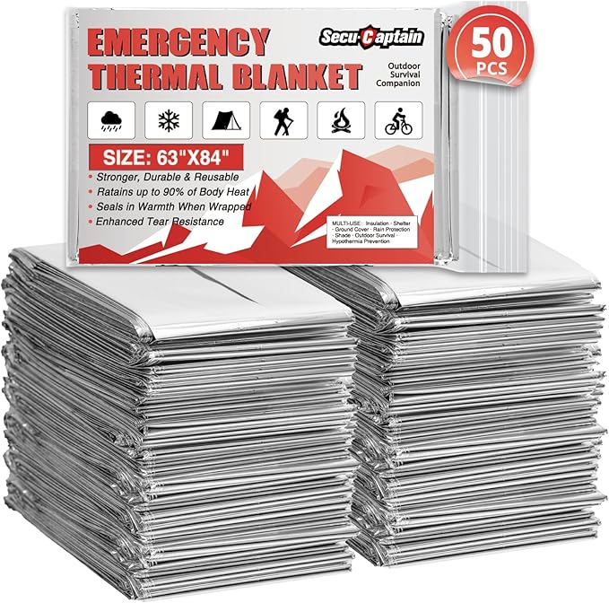 SecuCaptain Survival Emergency Thermal Blankets: 50 Pack Extra Large 84??x63??Space Mylar Blanket Kit for Outdoor Cold Winter Camping Hiking Car Bug Out Bag or First Aid