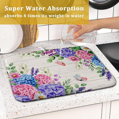 Hydrangea Floral Dish Drying Mat 16x18 inch Spring Summer Decorative Fast Dry