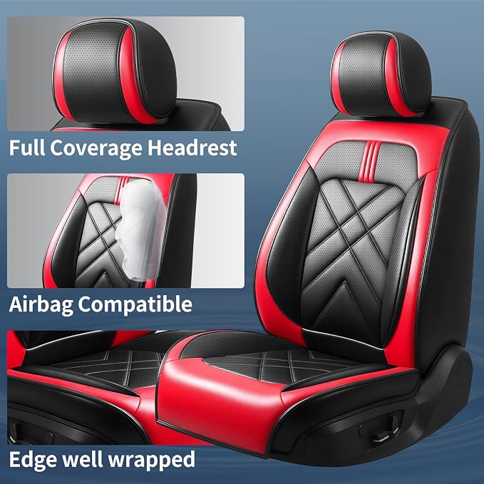Malibu Car Seat Covers Fit for Chevrolet/Chevy Malibu 2007-2026, Full Coverage Leather Waterproof Breathable Seat Covers, Automotive Seat Protectors, Airbag Compatible, 2 Front Seats, Red Black