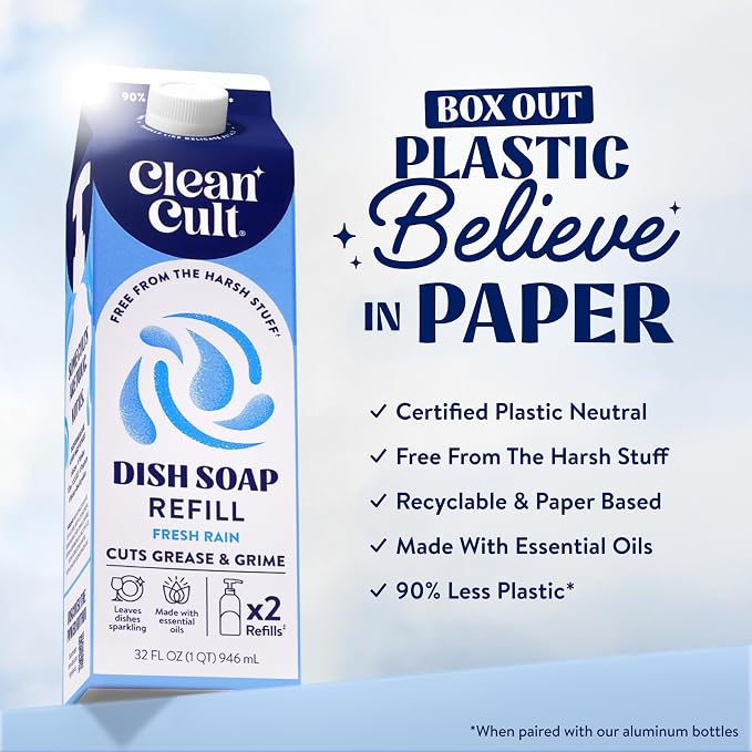 Cleancult Dish Soap Liquid Refill (32oz, 3 Pack) - Plant Based Cleaning Power - Dish Soap that Cuts Grease & Grime - Free of Harsh Chemicals - Uses 90% Less Plastic - Fresh Rain