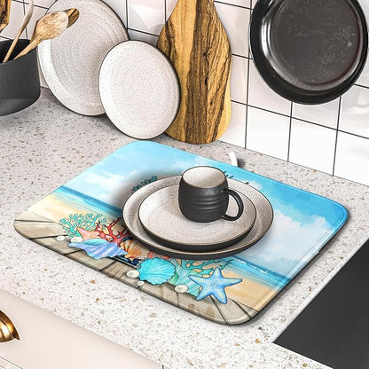 Coastal Coral Dish Drying Mat 16x18 inch Starfish Shell Fast Dry Microfiber