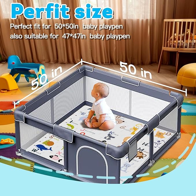 Baby Play Mat，Thick Soft 50" X 50" Playpen mat, Non-Slip and Machine Washable Baby Play Mats for Floor，Crawling Mat for Babies, Toddlers & Infants to Play and Learn (Animal Alphabet-A)