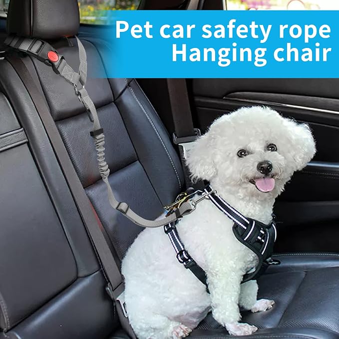 YAOHDAO Dog Seat Belt Harness for Car, Restraint Adjustable with Elastic Bungee Buffer Headrest for Vehicle, 360° Swivel Carabiner Nylon Pet Safety Seat Belts Heavy Duty Car Harness for Dogs (Grey)