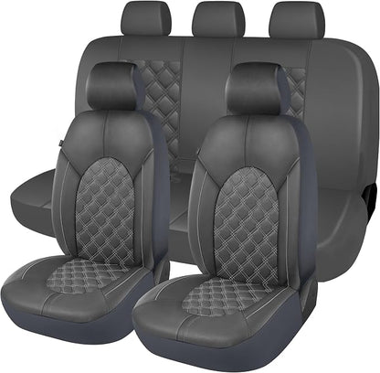 CAROMOP Luxury PU Leather Car Seat Covers Full Set-Waterproof Seat Protectors with Split Bench Seat Covers for Cars-Universal Cars Interior Covers for Sedans, SUVs, Pick-up Trucks(Gray/Gray Line)