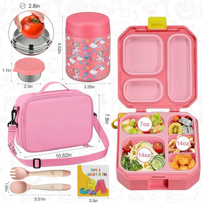 Bento Lunch Box for Kids with 12oz Soup Thermo Leak-Proof Lunch Food Container with 5 Compartment Thermo Hot Food Jar and Insulated Lunch Bag for Kid Toddler Girls Boys to School