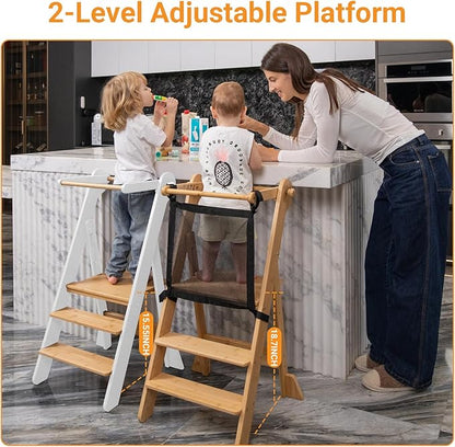 COSYLAND Foldable Toddler Standing Tower - Adjustable Height Folding Step Stool Kids Toddler Kitchen Stool Helper for Learning and Cooking - Ages 18 Months to 6 Years with Safety net Natural & White