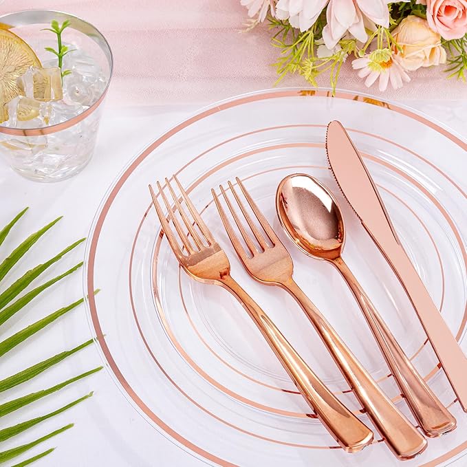 bUCLA 300PCS Clear Rose Gold Plastic Dinnerware - Rose Gold Disposable Dinnerware Set Include 50 Dinner Plates,50 Dessert Plates,50 Knives,50 Forks,50 Spoons,50 Cups for Party, Wedding & Mother’s Day