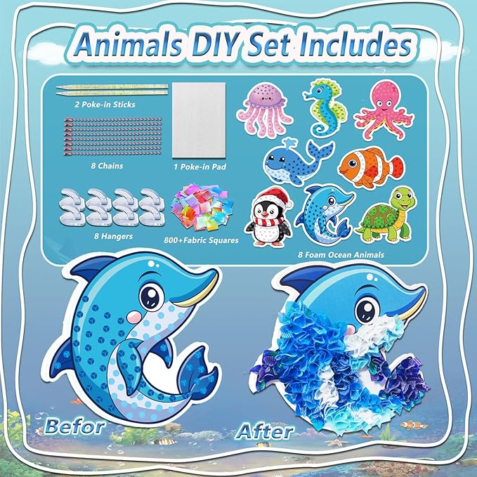 JRD&BS WINL Magical Ocean Animal Poke Art - Dolphin, Jellyfish, Seahorse, Turtle, Octopus | No-Mess Craft Kit for Kids 4-9 | Marine Biology Learning Toy | Creative Gift for Preschoolers