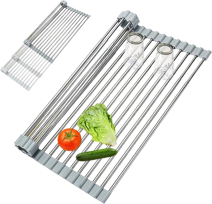 Expandable Roll-UP Dish Drying Rack-Large 304 Stainless Steel Dish Drainer Over