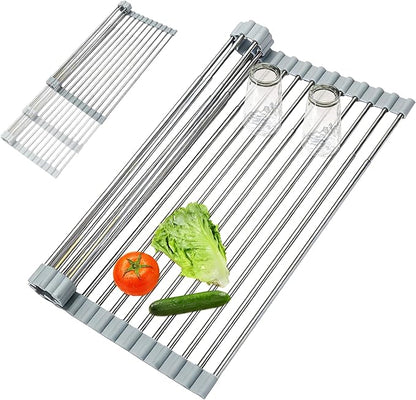 Expandable Roll-UP Dish Drying Rack-Large 304 Stainless Steel Dish Drainer Over
