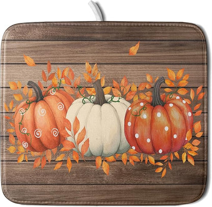 Autumn Pumpkin Dish Drying Mat Rustic Wood Dish Drainer Mats Fast Dry