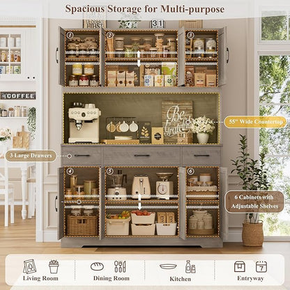 HOSTACK 71" Tall Kitchen Pantry Storage Cabinet with Charging Station, 55" Wide Kitchen Hutch Cabinet with Large Countertop, Farmhouse Food Pantry with Drawers for Living Room, Ash Grey