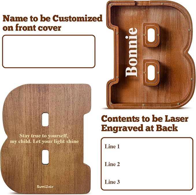 Summidate Customized Name Extra Large Wooden Piggy Bank for Kids Boys Girls Alphabets Letter A-Z Coins Bills Money Change Saving Box (Laser Engraved) Educational Toys 12"- Letter B