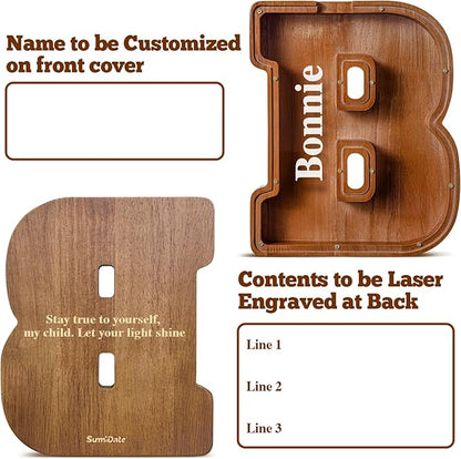 Summidate Customized Name Extra Large Wooden Piggy Bank for Kids Boys Girls Alphabets Letter A-Z Coins Bills Money Change Saving Box (Laser Engraved) Educational Toys 12"- Letter B