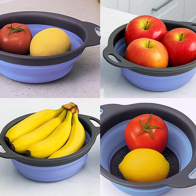 Blue Round Silicone Collapsible Colander – Silicone Round Kitchen Strainers