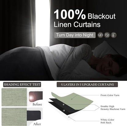 Sage Green Blackout Linen Curtains 90 Inches Long