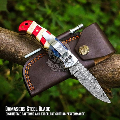 Damascus Steel Pocket Knife with Clip and Leather Sheath - EDC Knife for Outdoor and Camping Activities, Handmade Folding Knife, Free knife Sharpner (American Flag handle) (American Flag Handle)