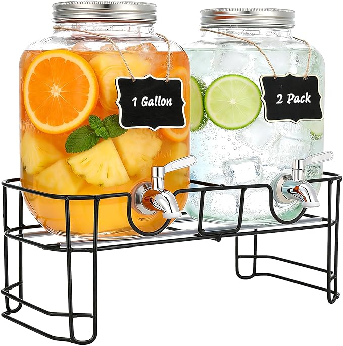 1 Gallon Glass Beverage Dispenser, 2 Pack Glass Drink Dispensers