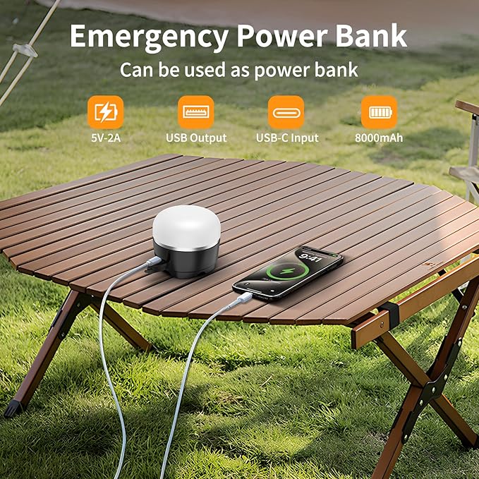 LED Camping Lantern Rechargeable, 1000LM Tent Light with 3 Color Lighting Modes, 8000mAh Power Bank, Waterproof, Mini Flashlight with Magnetic Base for Emergency, Power Outages, Hiking, Home