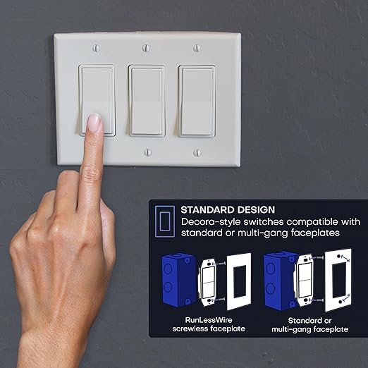 RunLessWire 3-Way Battery-Free DIY Wireless Light Switch Kit 150ft RF Range