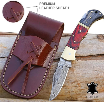 6.5 inch Damascus Pocket Knife with Sheath, Handmade Folding Pocket Knife for Men, Black-Red Wooden Handle with Brass Bolster, Secure Lock Back Camping Knife for EDC,Hunting,Hiking (Red)