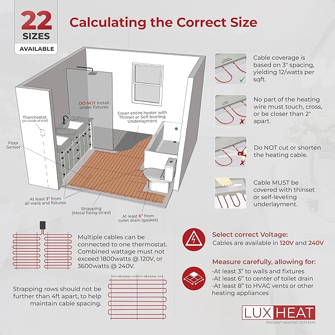 LuxHeat 20sqft Floor Heating Cable Kit - 120v In Floor Heating System -