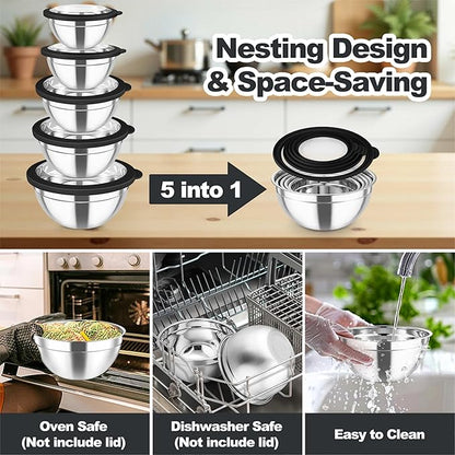 TeamFar Mixing Bowls Set, 4.5/3/1.5/1/0.7 QT Stainless Steel Nesting Salad Bowls